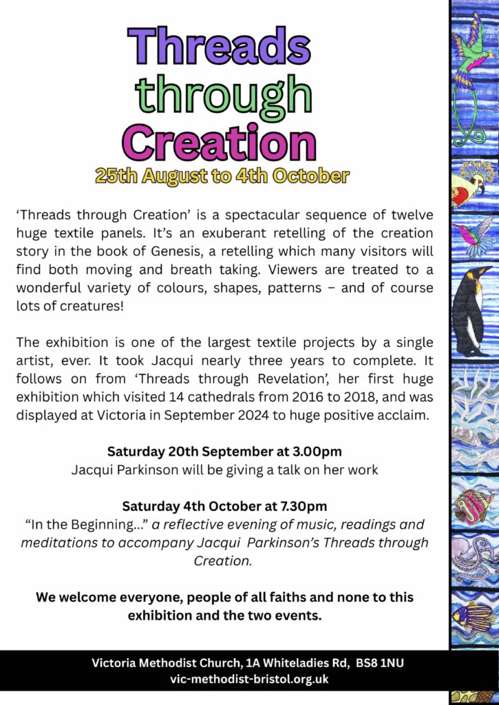 Flyer advertising the Threads through Creation Exhibition and special events